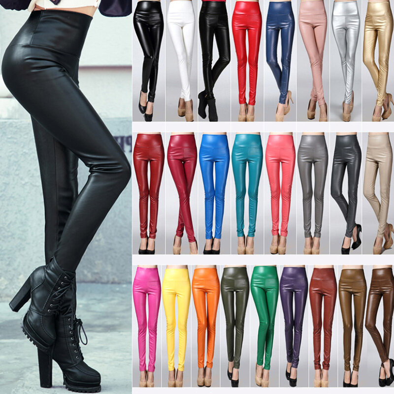 Leggings de piel sintética para mujer, pantalones de talla grande, Multicolor, cintura alta, PU, forro polar, moda, Sexy, Invierno