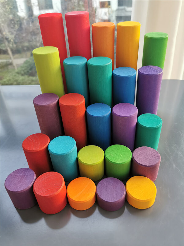 25Pcs Kids Grote Houten Building Rollen Regenboog Blokken Stain Basswood Stapelen Cilinders Educatief Creatief Speelgoed