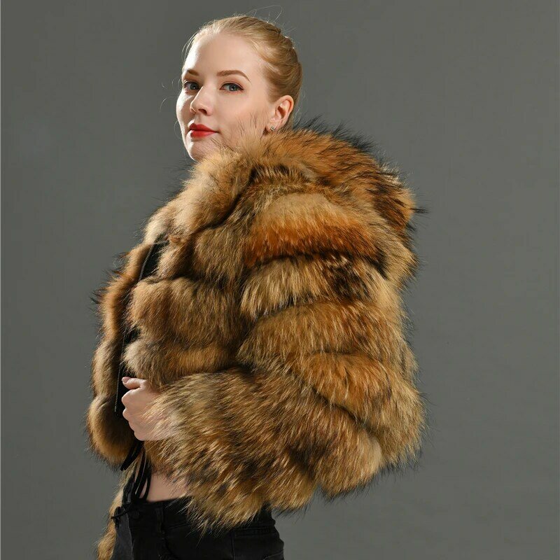 Luxury Real Women Raccoon Fur Coats with Fur Hood Jacket Short Style Fashion Female Winter Thick Warm Genuine Fur Outerwear