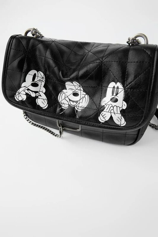 Withered bags high street vintage fashion casual leather cartoon mouse printing cute Iron chain soft PU wint lining bags women