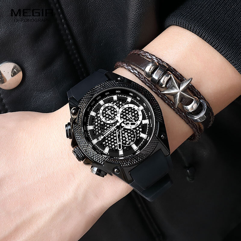 ساعات السباق الرجالية الرياضية الفاخرة MEGIR GT ، ساعة اليد المصنوعة من السيليكون ، الجيش ، الكوارتز ، أزياء الرجال ، MN2127G