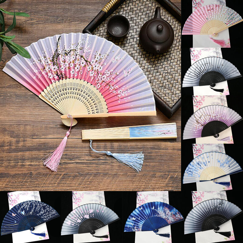빈티지 스타일 실크 접이식 선풍기, 중국 일본 패턴 미술 공예 선물, 홈 데코 장식품, 댄스 핸드 선풍기 대나무 나무 팬