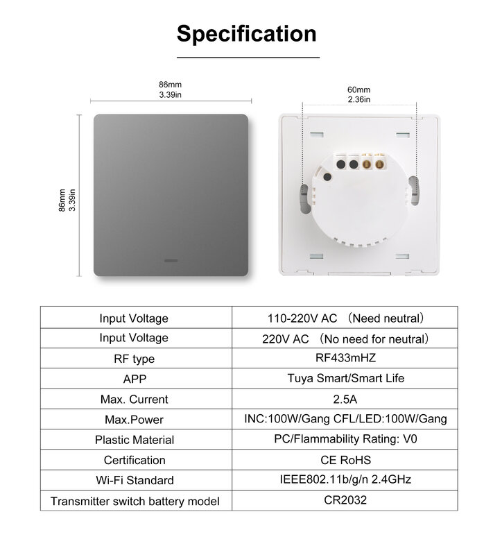 Interruptor de pared con Wifi RF433 para el hogar, enchufe de luz inteligente de 1, 2 y 3 entradas, sin cable neutro, 220V, compatible con Tuya, Alexa y Google Home