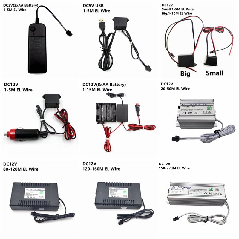 Adaptador de fuente de alimentación para luz El cable electroluminiscente, inversor de controlador para 1-220M, CC, 3V, AA, 5V, USB, 12V