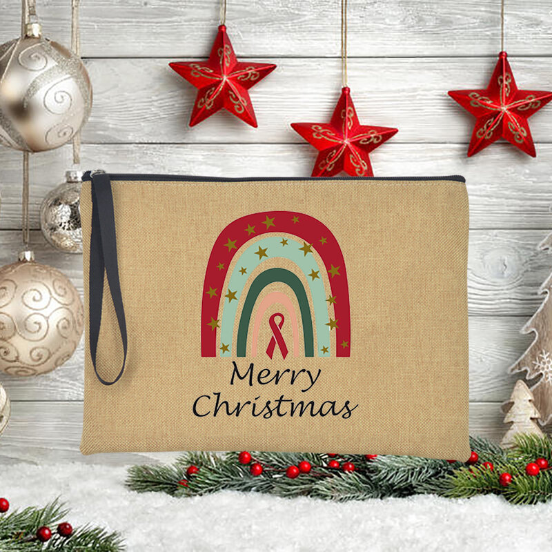 Pochette da donna arcobaleno Merry Christmas moda Casual lino trucco cosmetico borsa borsa rossetto arancione femminile regali di natale