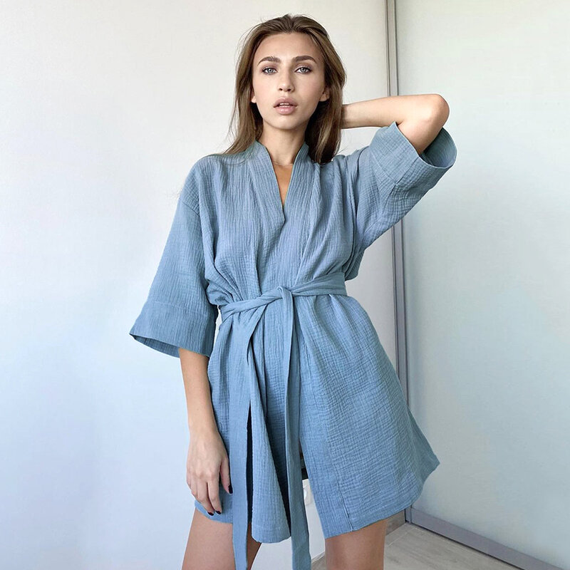 Hiloc – Mini robe de chambre en coton pour femmes, manches trois quarts, Sexy, couleur unie