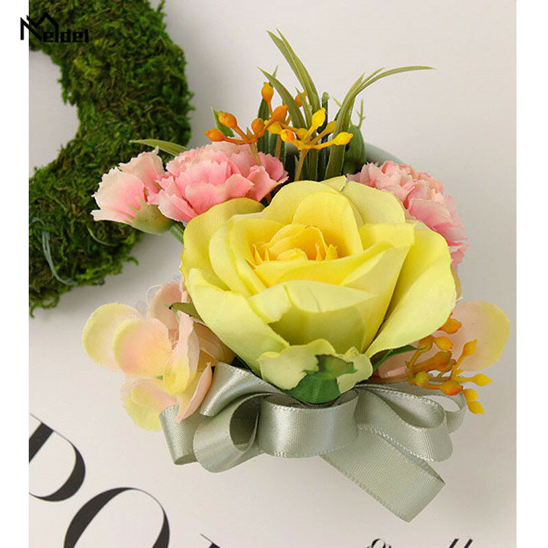 Meldel-pulsera de ramillete para boda, flor Artificial para dama de honor, ramillete Flore, broche de seda, boda
