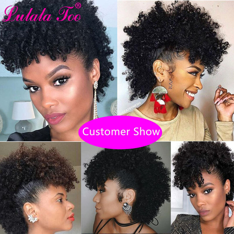 Synthetic High Puff Ponytail With Bangs Wig Short Afro Kinky Curly Mohawk Pony tail Clip in Hair Extension