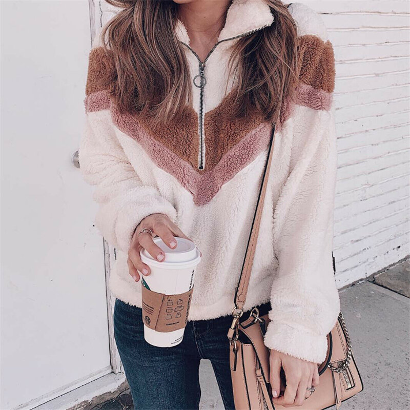 Женский Повседневный пуловер из мохера, флисовый свитер на молнии с v-образным вырезом, милое свободное теплое зимнее пальто, Повседневный п...