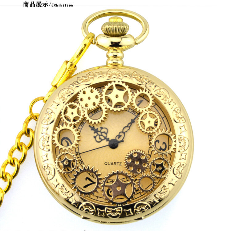 Reloj de bolsillo de cuarzo antiguo para hombre y mujer, pulsera de mano de estilo Vintage con engranaje de bronce hueco, cadena colgante, regalo