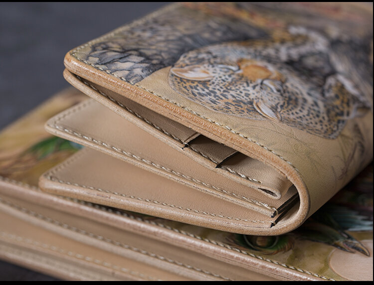 Billeteras hechas a mano de alta gama para hombre, carteras con estampado de leopardo tallado, bolso largo de mano, billetera de cuero curtido para verduras, tarjetero