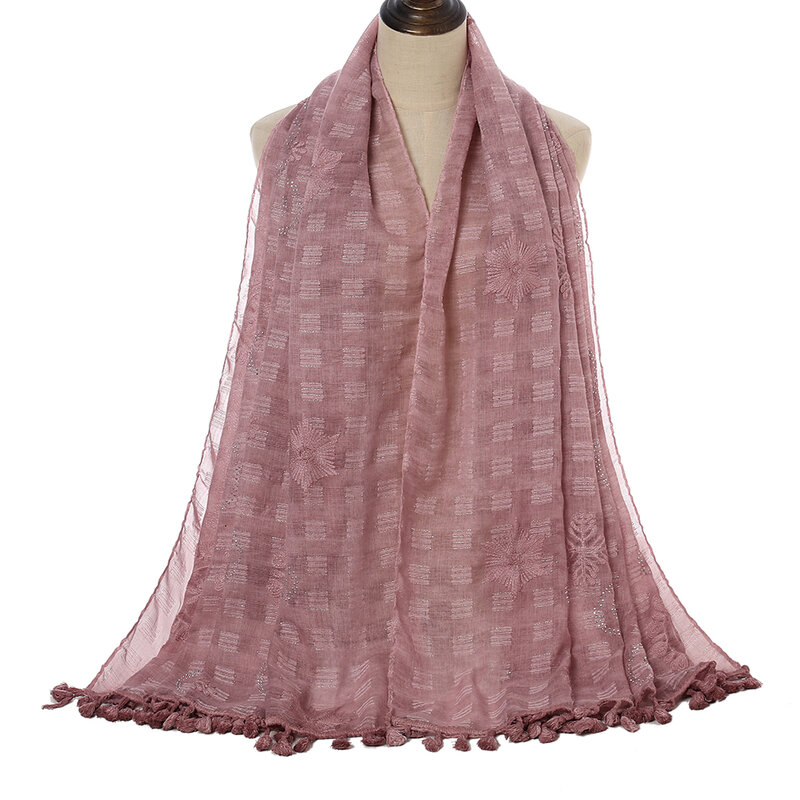 Ladies Premium Floral Embroidery Scarf with Diamond High Quality Tassel Scarfs Viscose Hijab Long Muslim Sjaal
