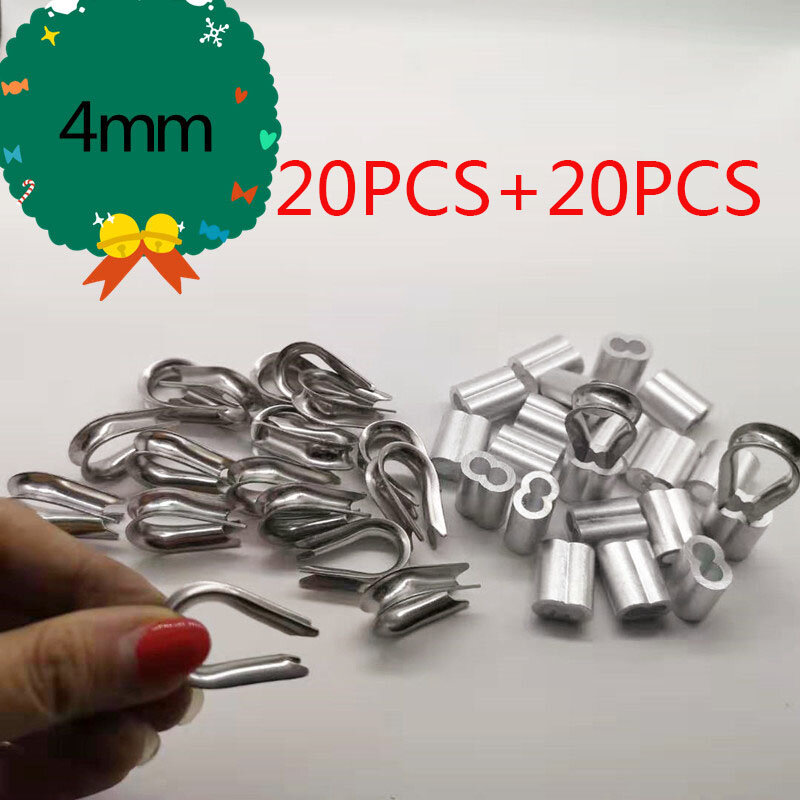 Fundas de aluminio de 4mm y 4mm de diámetro, óvalo doble, orificio y Cuerda de dedal para prensado de cable, 20 unidades