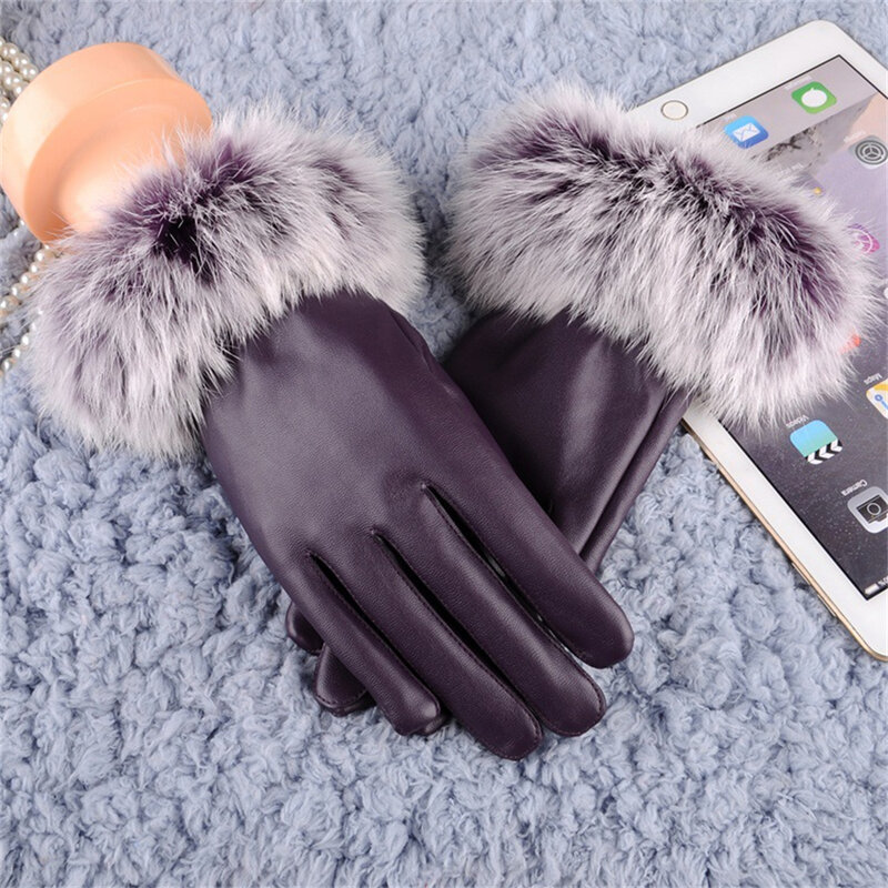 Herfst En Winter Outdoor Vrouwelijke Konijnenbont Pu Touch Mobiele Telefoon Screen Warme Lederen Handschoenen Voor Fluwelen Winddicht Fietsen Handschoenen