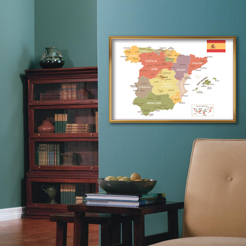 Настенный постер 59 х42 см с картой Испании, экологически чистая Картина на холсте, украшение для дома, путешествий, школы