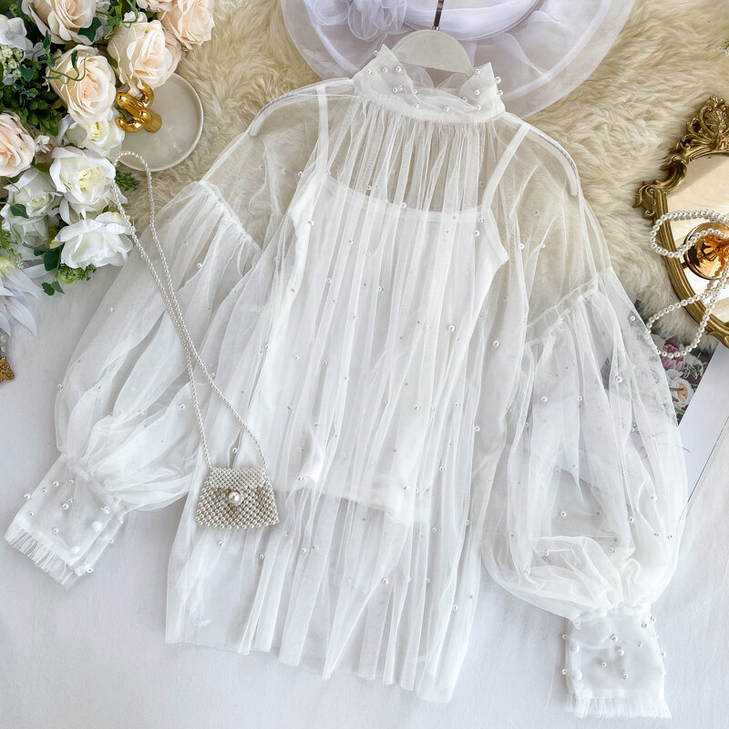 พลัสขนาด 2019 ผู้หญิงโคมไฟแขนเสื้อฤดูใบไม้ร่วงเสื้อฤดูใบไม้ผลิเสื้อลูกปัดหรูหรา Chiffon ลูกไม้ Pearl เสื้อ
