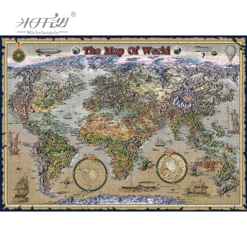 Michelangelo Wooden Jigsaw Puzzle 1000 1500 2000 Piece 3D World Map Hand Drawing Educational Toy Collectible Gift Painting Decor