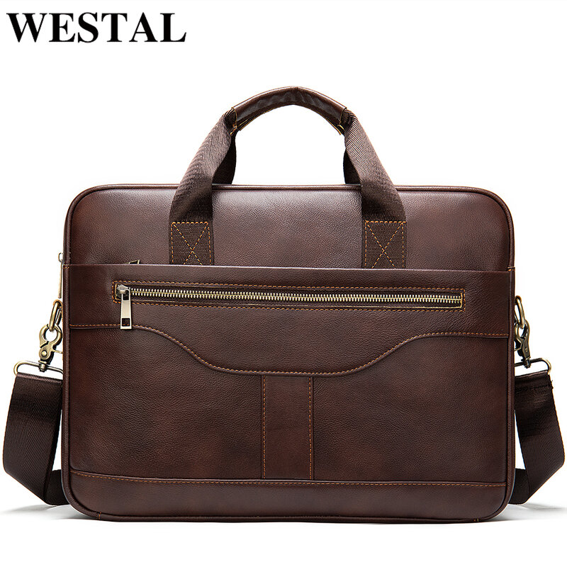 Westal-Maleta de couro genuíno masculina, bolsa de escritório masculina para laptop, bolsa de documentos