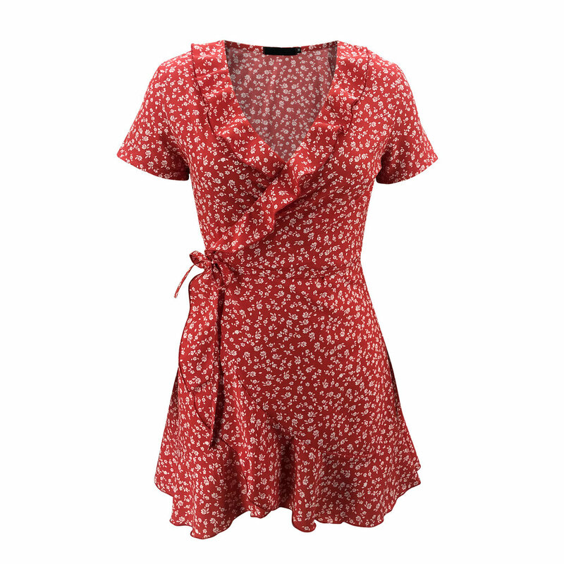 Летнее женское Короткое платье-трапеция, с цветочными оборками и V-образным вырезом