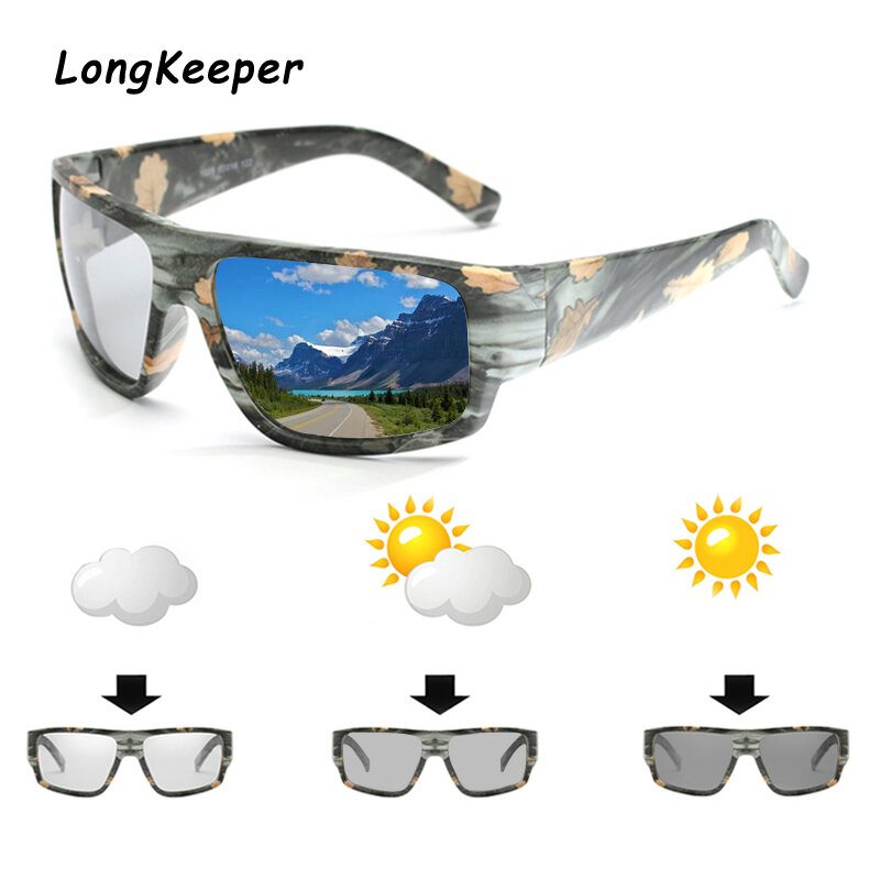 สแควร์ Photochromic แว่นตากันแดดผู้ชาย Polarized Chameleon แว่นตาขับรถแว่นตากันแดดแว่นตาเปลี่ยนสีชาย Camo Oculos Gafas