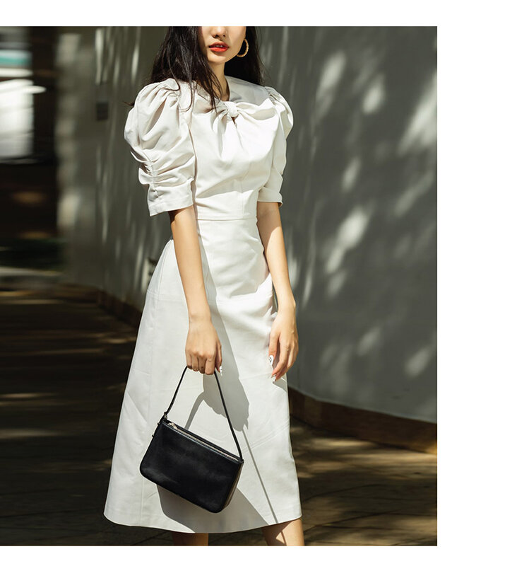 Dresses Round Neck Pleated Puff Sleeves Scheming Hollow and Thin Mid-length Retro Dress Dress  Dress