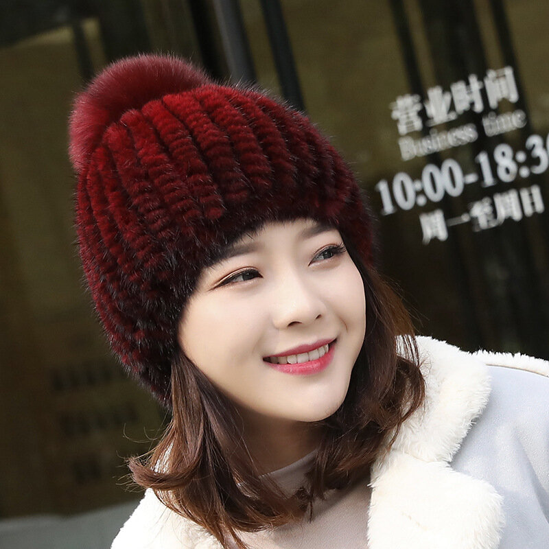 Women Fur Hat  Winter Mink Fur Knitted Hat With Fox Fur Ball Warm