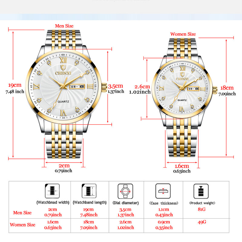 Chenxi 최고 브랜드 커플 시계, 럭셔리 여성 또는 남성 쿼츠 날짜 주간 시계 손목 시계, 여성 방수 Montre Femme 8212a, 신상