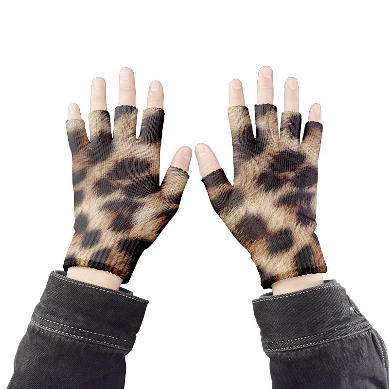 ผู้หญิงเสือดาวถุงมือแฟชั่น Elastic ห้านิ้วมือถุงมือผู้ชายถุงมือกลางแจ้ง Fingerless Party ถุงมือ Touch Screen Guantes