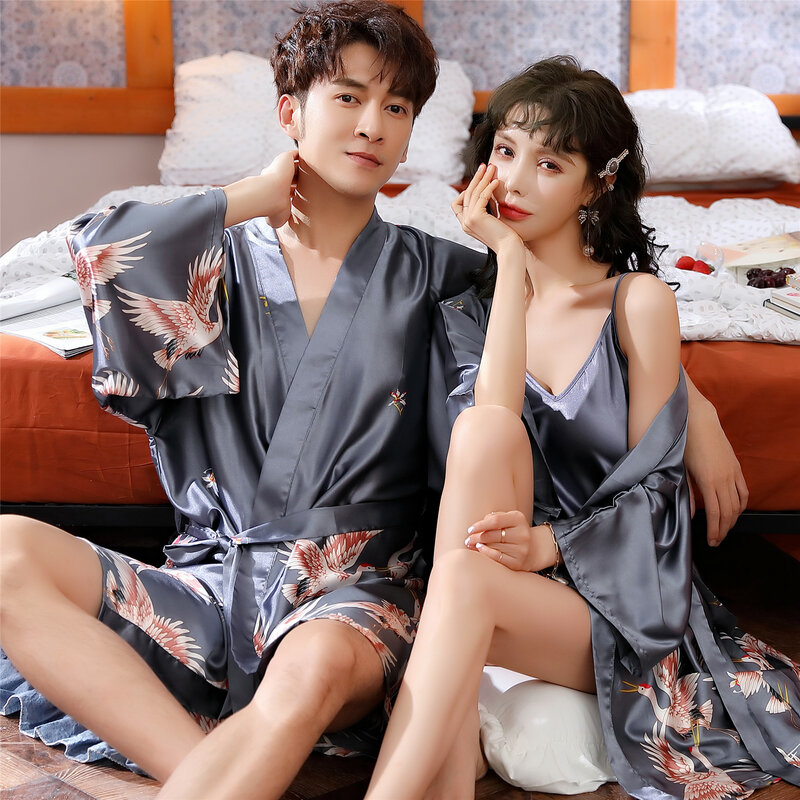 Роскошный женский и мужской шелковый халат-кимоно для дома