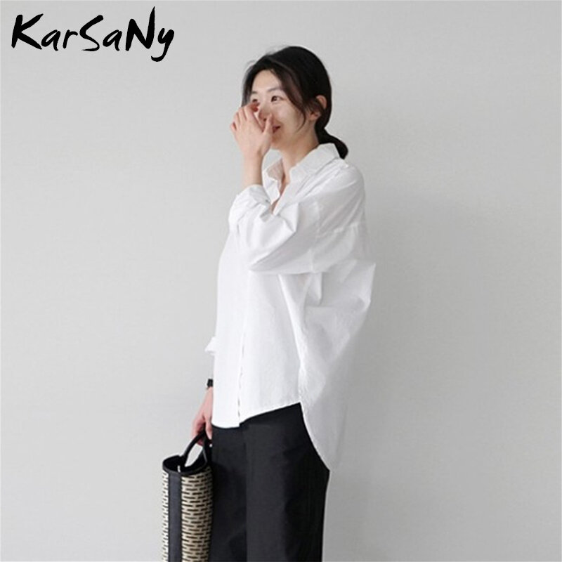 KarSaNy สีขาว OVERSIZE แฟนเสื้อผู้หญิงเสื้อแขนยาวสุภาพสตรีเสื้อ XL ผู้หญิงเสื้อสีขาวผ้าฝ้ายขี้เกียจเสื้อสีดำ