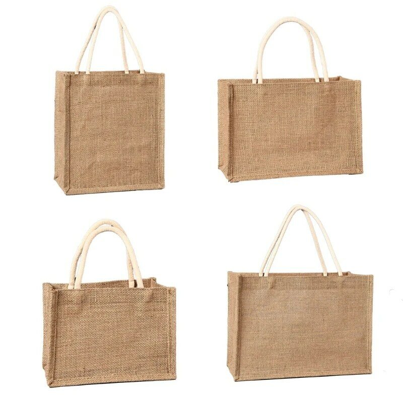 Bolsa de arpillera reutilizable en blanco para mujer, bolsa de compras para productos alimenticios con asa, organizador de viaje de gran capacidad