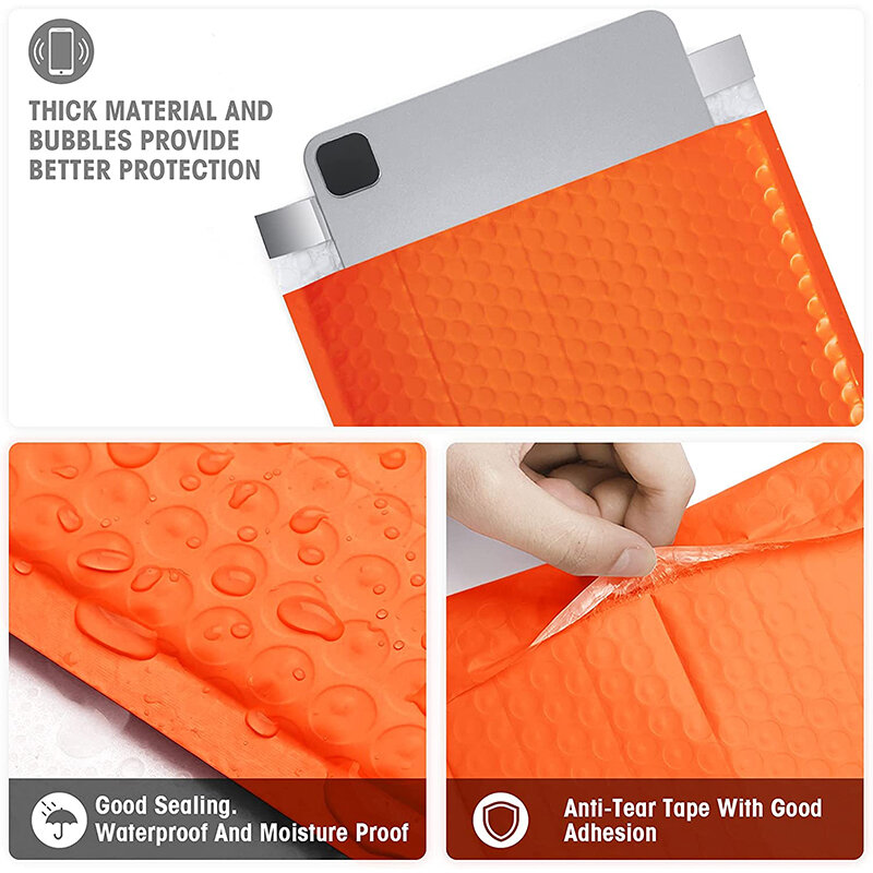 Envio postal laranja com bolha de 10 unidades, plástico bolha 4x8, sacos plásticos com vedação automática, revestimento interno, plástico bolha