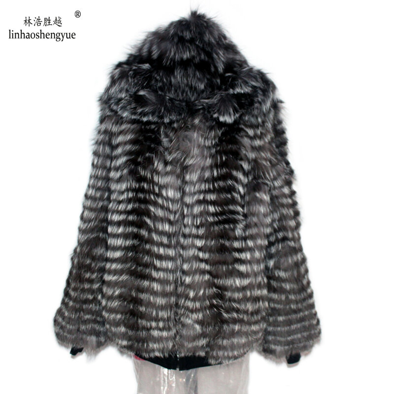 Linhaoshengyue-abrigo de piel de zorro Real con capucha, abrigo de manga larga