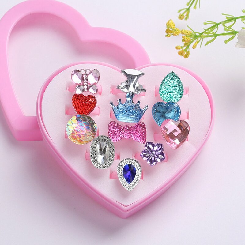 12 pz/set anelli di cartone animato in resina alla moda anelli per bambini per ragazze Set di anelli anelli per dito scatola di esposizione di gioielli regalo giocattolo per bambini