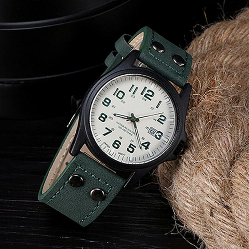 2021 New Fashion Luxury Simple Men\'s Date Numerals Dial Faux Leather Band Sport Quartz Wrist Watch for Daily Life