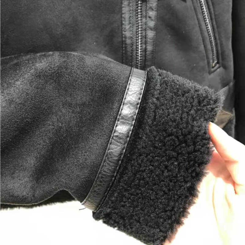 Jaqueta grossa de camurça de cordeiro feminina, casaco preto curto de couro sintético, outwear feminino quente, casual, inverno, novo, 2022