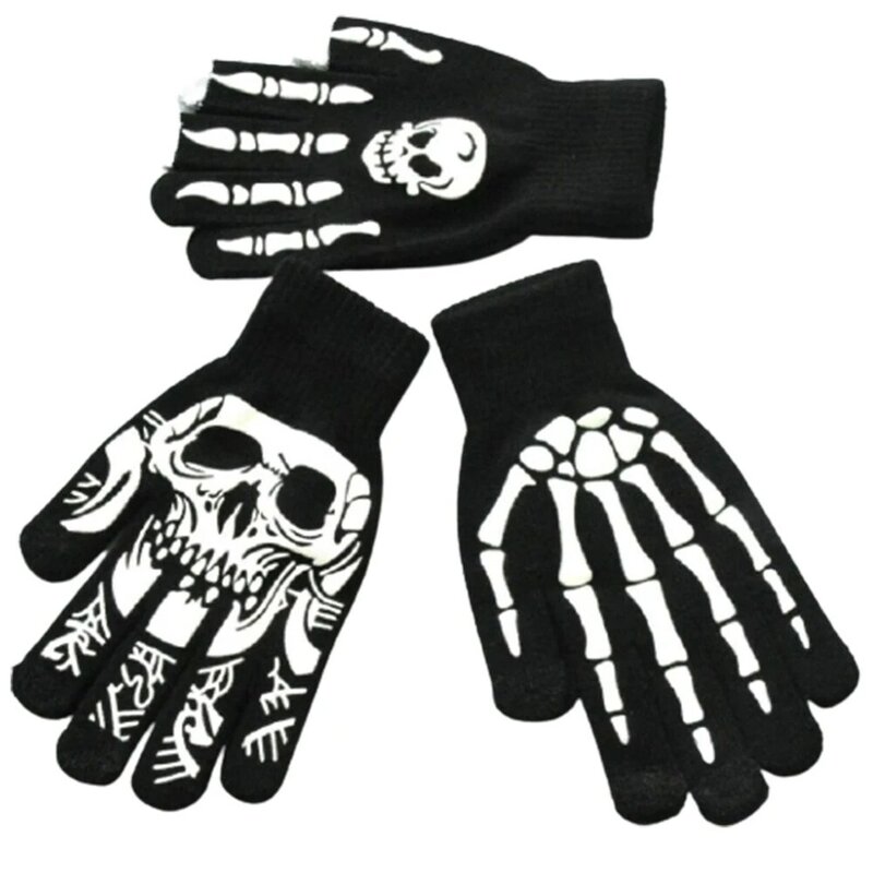 Gants demi-doigt en forme de crâne pour Halloween, style Punk, scintillants dans la nuit, mitaines tricotées sans doigts, unisexe, nouvelle collection hiver 2022