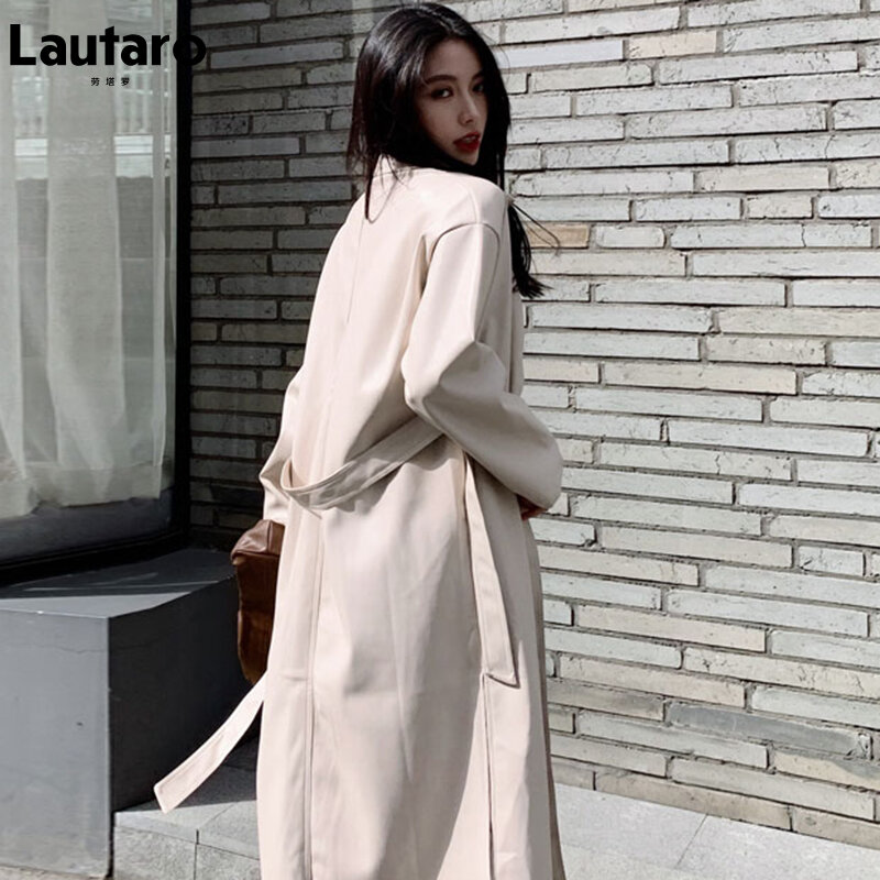 Lautaro Autumn Long Black Cool PU Leather Trench Coat for Women Belt Single Breasted Loose Korean Fashion Wholesale Clothes 2022