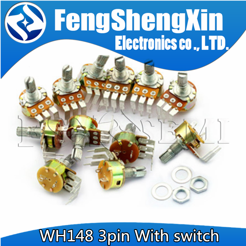 Wh148 3pin com interruptor, 15mm dobra o pé, 5k, 10k, 50k, 100k, 500k, b5k, b10k, b100k, b500k, 5pcs