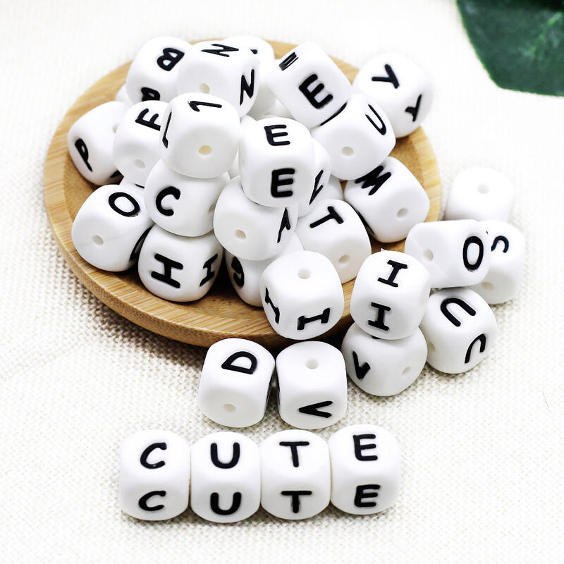 Cute-idea-Cuentas de letras de silicona para dentición de bebé, accesorios para chupete, alfabeto en inglés, 12MM, 10 piezas