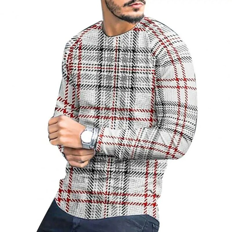 Men Casual T Shirts Long Sleeve Stripe Plaid Print Tops O neck Slim Tees Shirt Summer Mens Clothing Fashion Oversized Undershirt