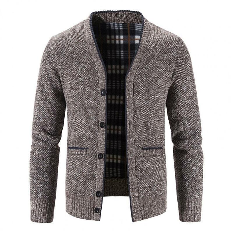 남성용 니트 코트, 단색 V넥, 두꺼운 플러시 따뜻한 카디건, 데일리 웨어 스웨터, 가을 겨울