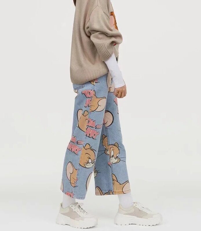 Withered 2020 été jean femme angleterre haute rue dessin animé chat souris imprimer taille haute jean ample droite maman jean pour les femmes