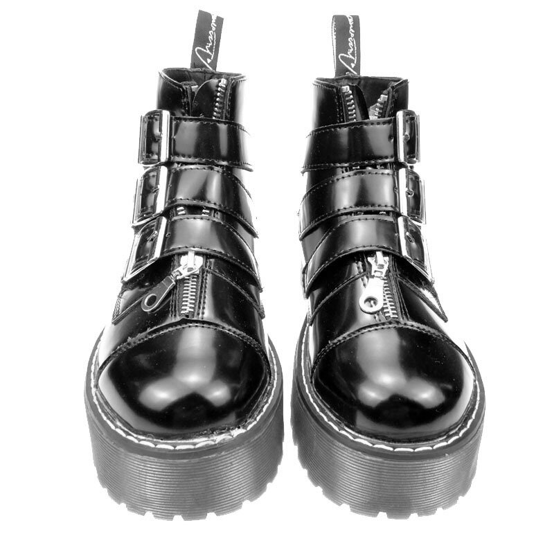 Gothic Rock Plataforma Sapatos para Mulheres, Ankle Boots Retro, Botas de Motocicleta, Multi Buckle, Zip Punk, Preto, Frete Grátis, Novo