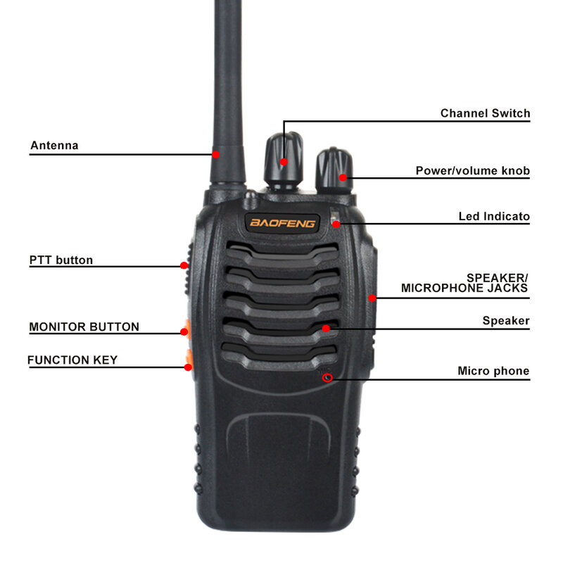Baofeng-rádio portátil em dois sentidos, carregador USB, walkie talkie, BF-888H, UHF 400-470MHz, 16CH VOX, 2pcs, par