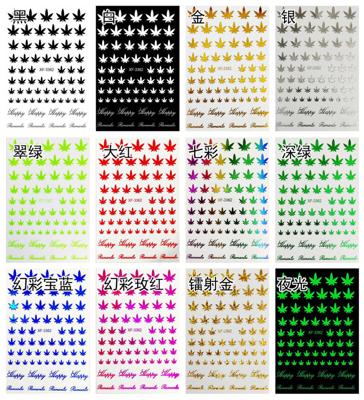 1 Buah Stiker Seni Kuku Daun Maple Warna-warni 3D Stiker Pot Gulma Neon Slider Kuku Perekat Daun Emas/Perak/Hijau/Hitam/Putih Modern