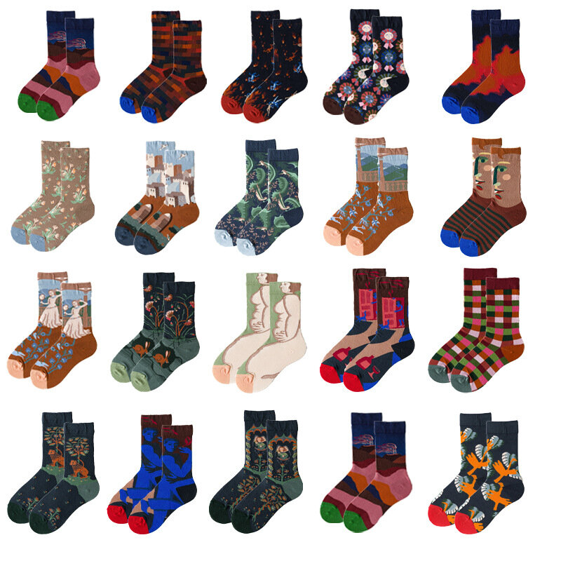 1Pair Happy Socks Unisex Women Oil Painting Van Gogh Combed Cotton Funny Fantasy  Casual Novelty Party Gifts Socks Wholesale