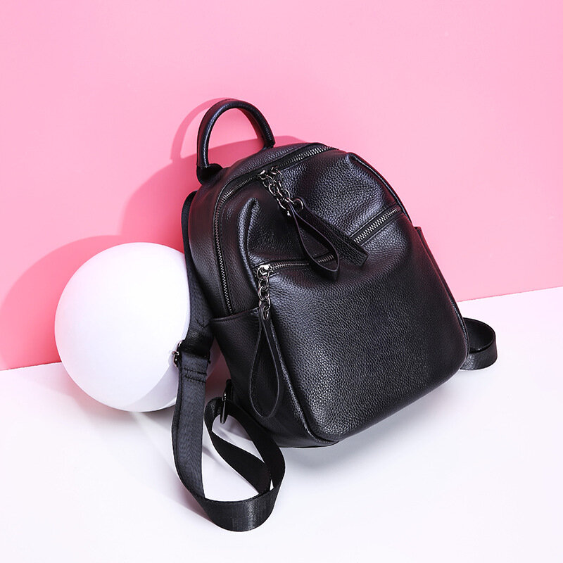Zency bolsas de moda feminina 2023 couro genuíno preto mochila com borlas tamanho médio estilo preppy meninas à moda mochila