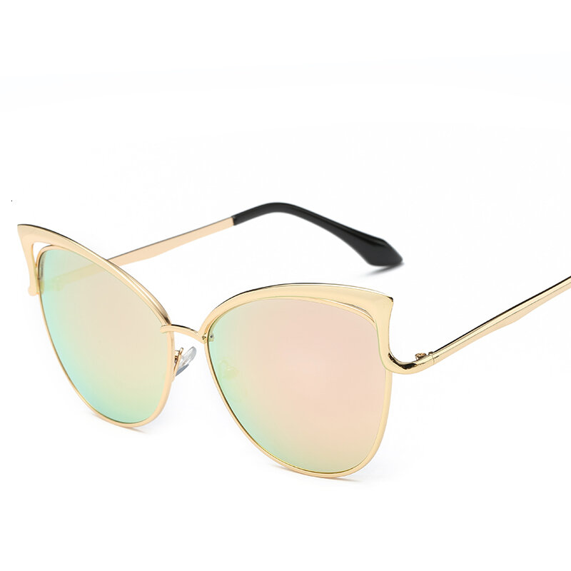Lonsy Óculos de sol de gatinho espelhado, armação de metal e lente de cor ouro rosé, feminino retrô UV400