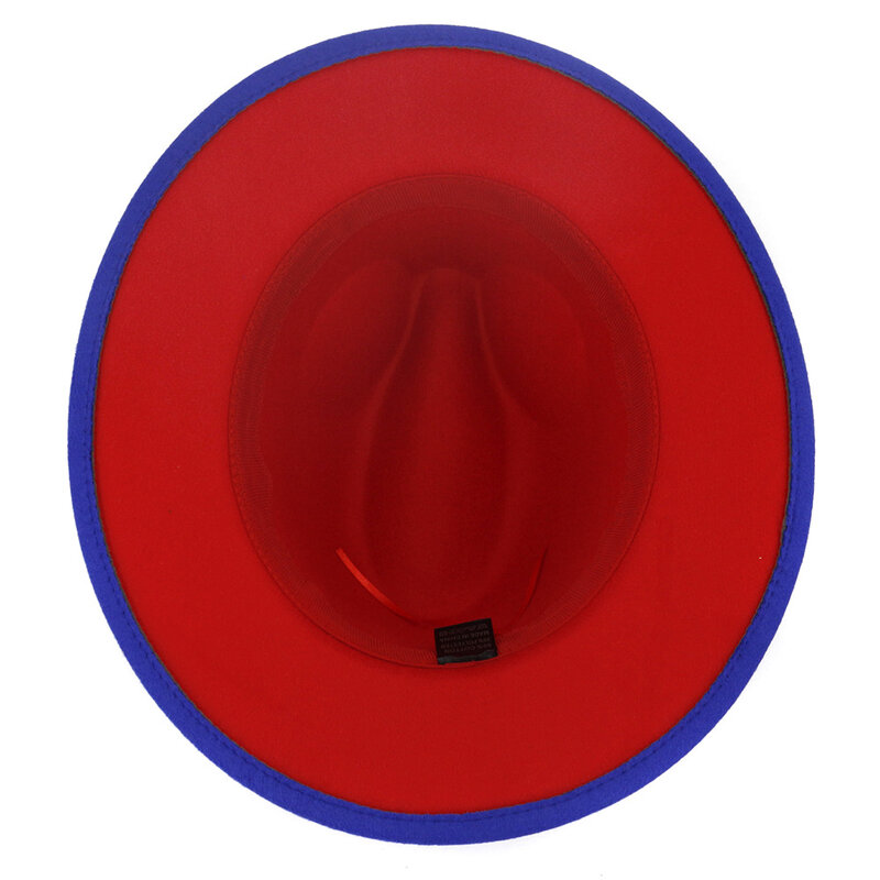 New Royal Blau Rot Patchwork Faux Wollfilz Fedora Hüte mit Dünnen Gürtel Schnalle Männer Frauen Große Krempe Panama Trilby jazz Kappe